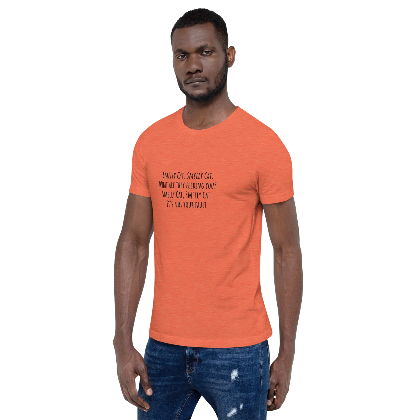 Smelly Cat Tee in Heather Orange on man left
