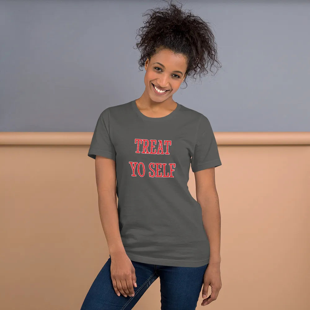 Treat Yo Self Tee in Asphalt on woman