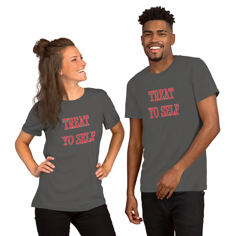 Treat Yo Self Tee in Asphalt on couple