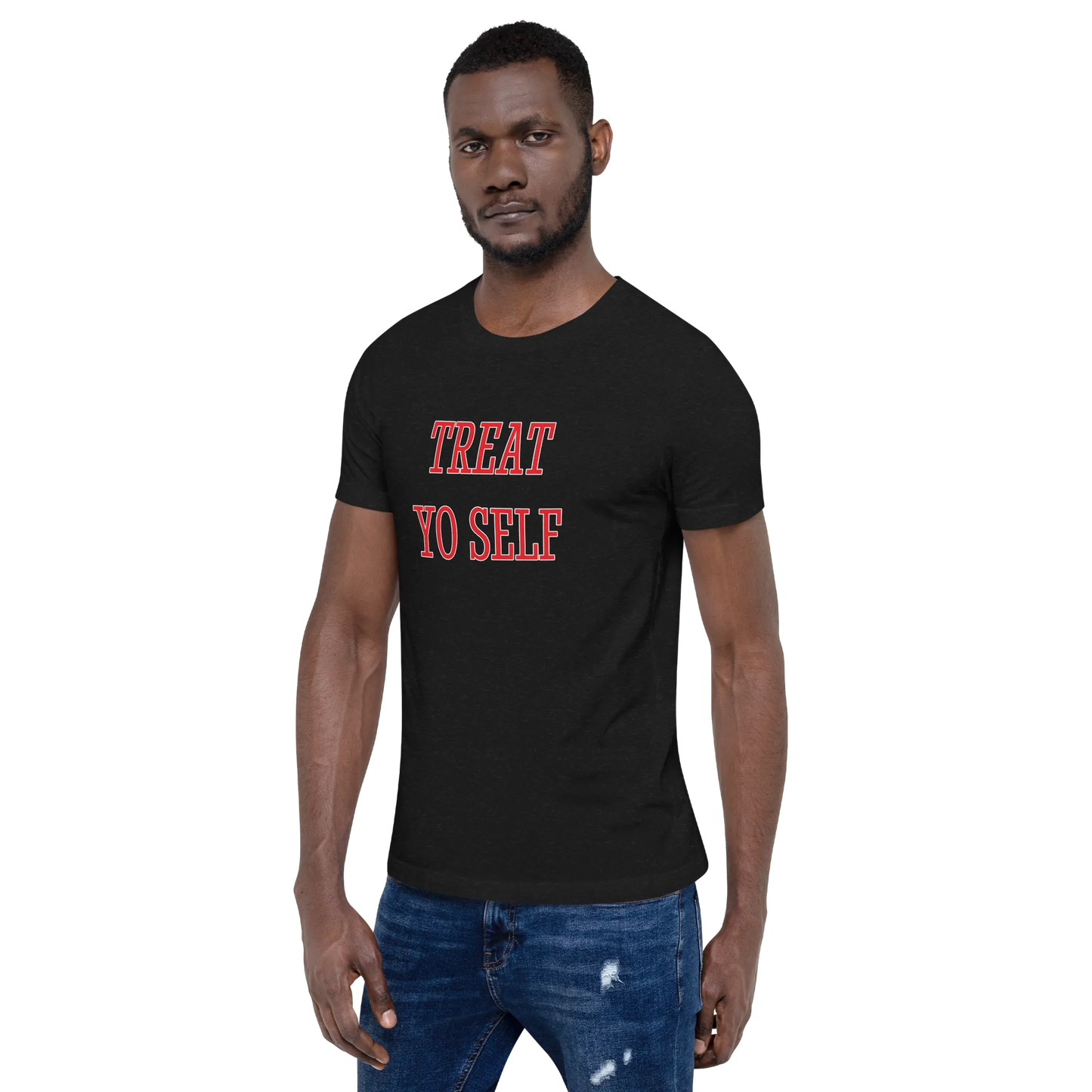 Treat Yo Self Tee in Black Heather on man left
