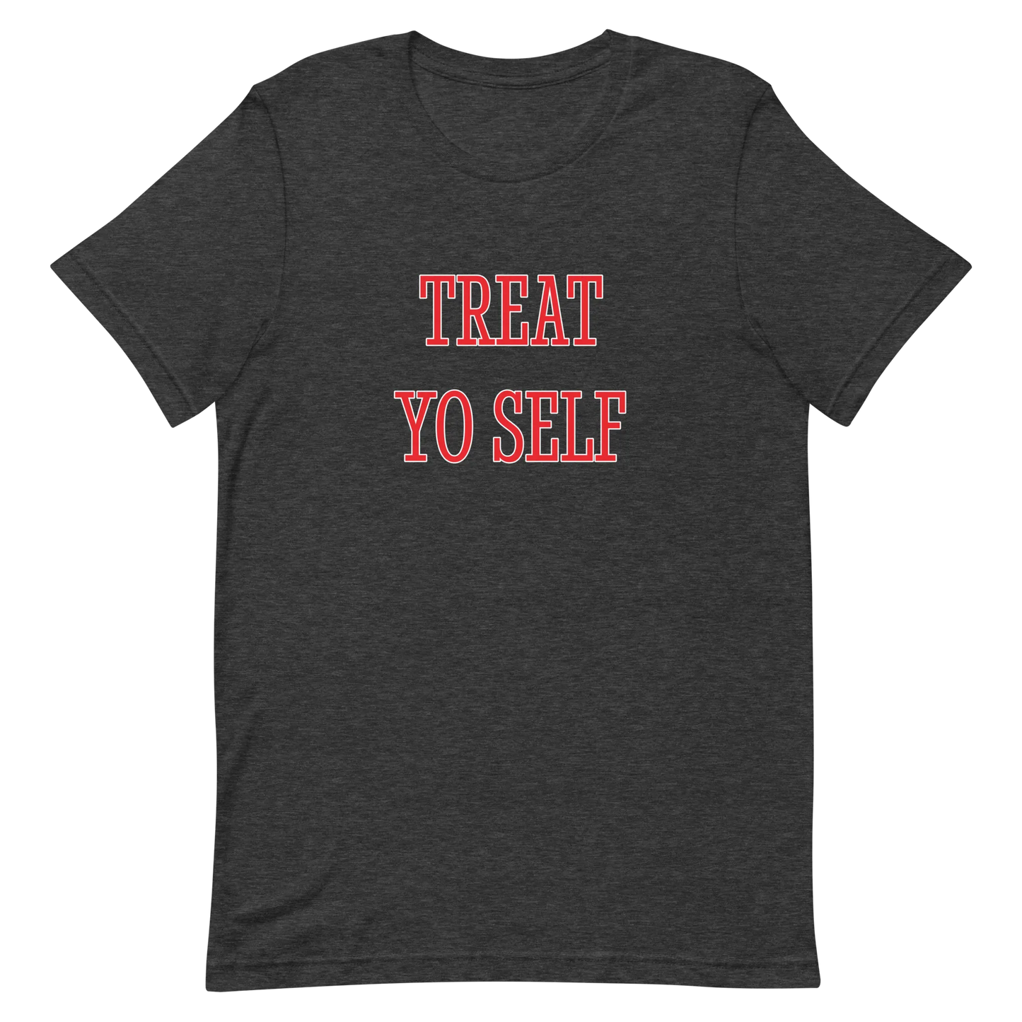 Treat Yo Self Tee in Dark Grey Heather flatlay