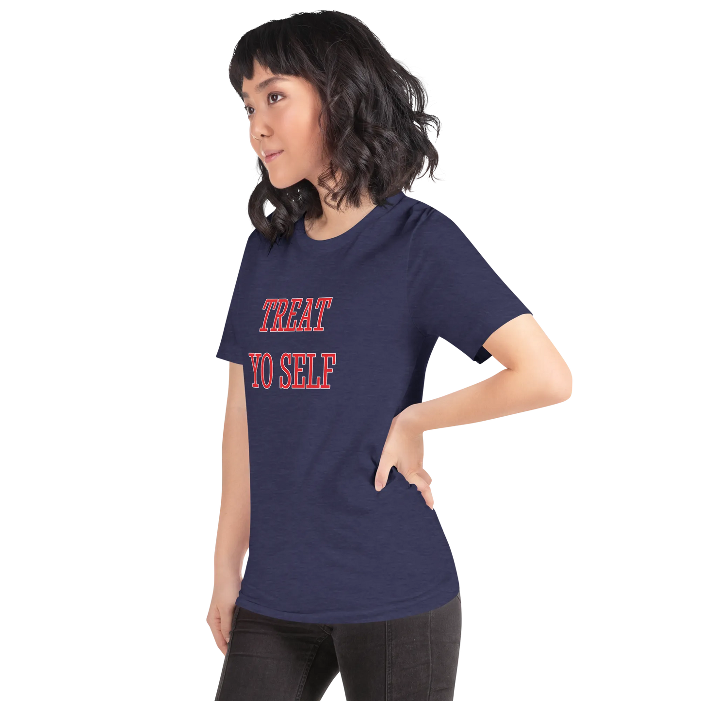Treat Yo Self Tee in Heather Midnight Navy on woman left