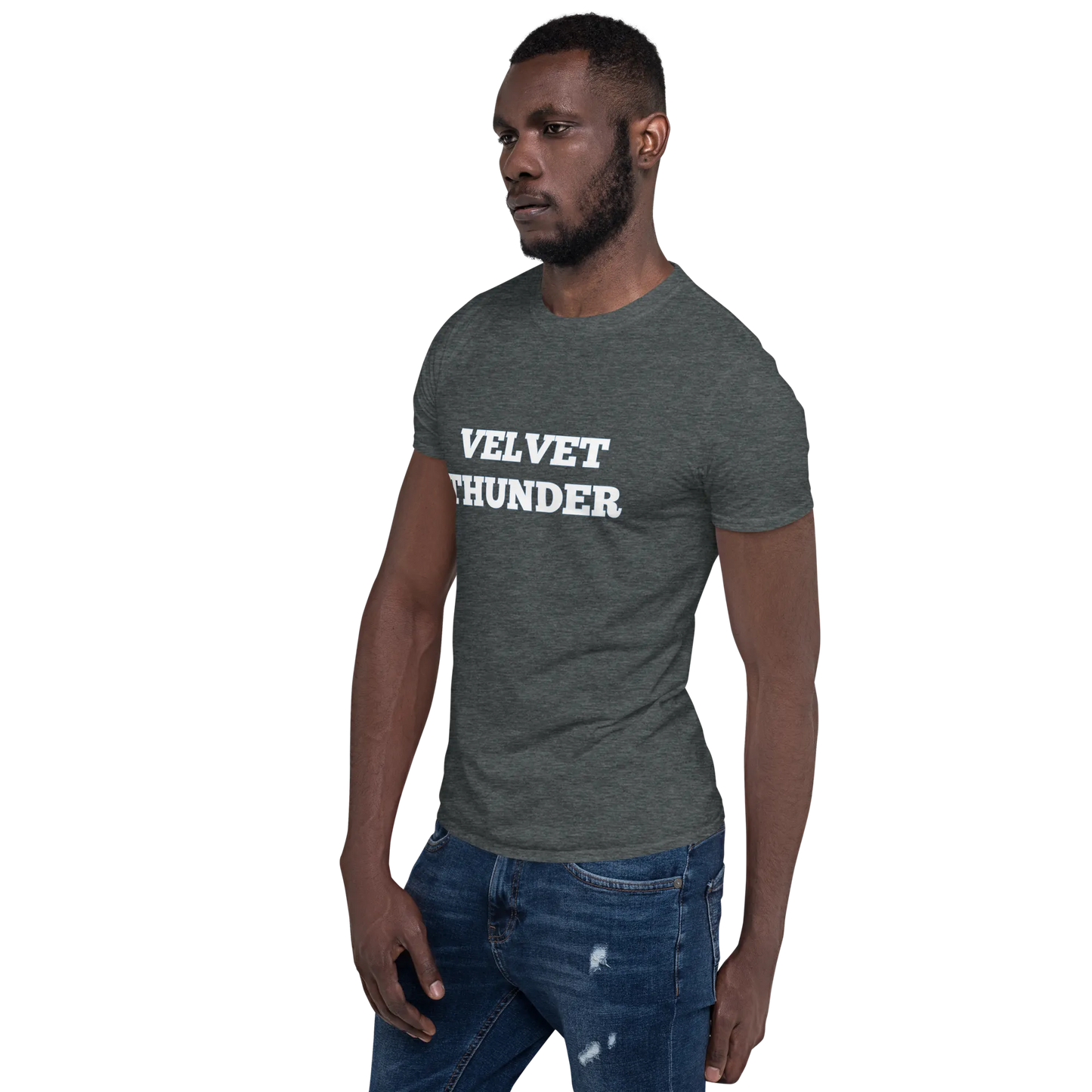 Velvet Thunder Tee in Dark Heather Grey on man left