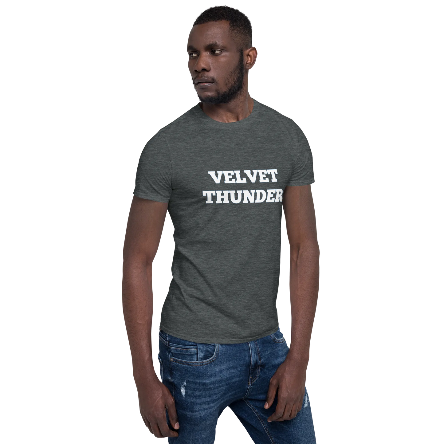 Velvet Thunder Tee in Dark Heather Grey on man right