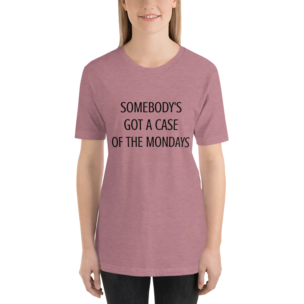 Somebody's Got a Case of the Mondays Tee in Heather Orchid on woman