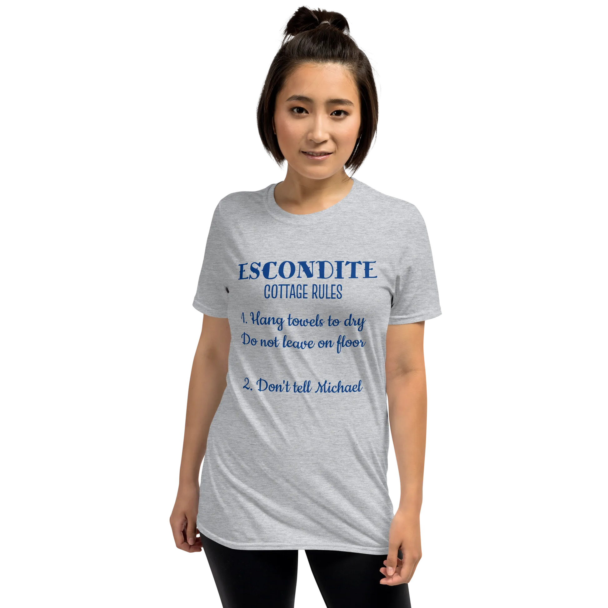 ESCONDITE Cottage Rules Tee in Sport Grey on woman front