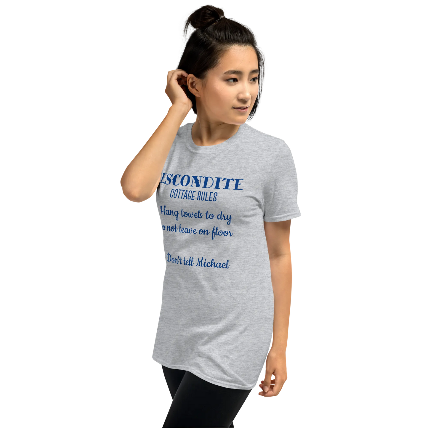 ESCONDITE Cottage Rules Tee in Sport Grey on woman left