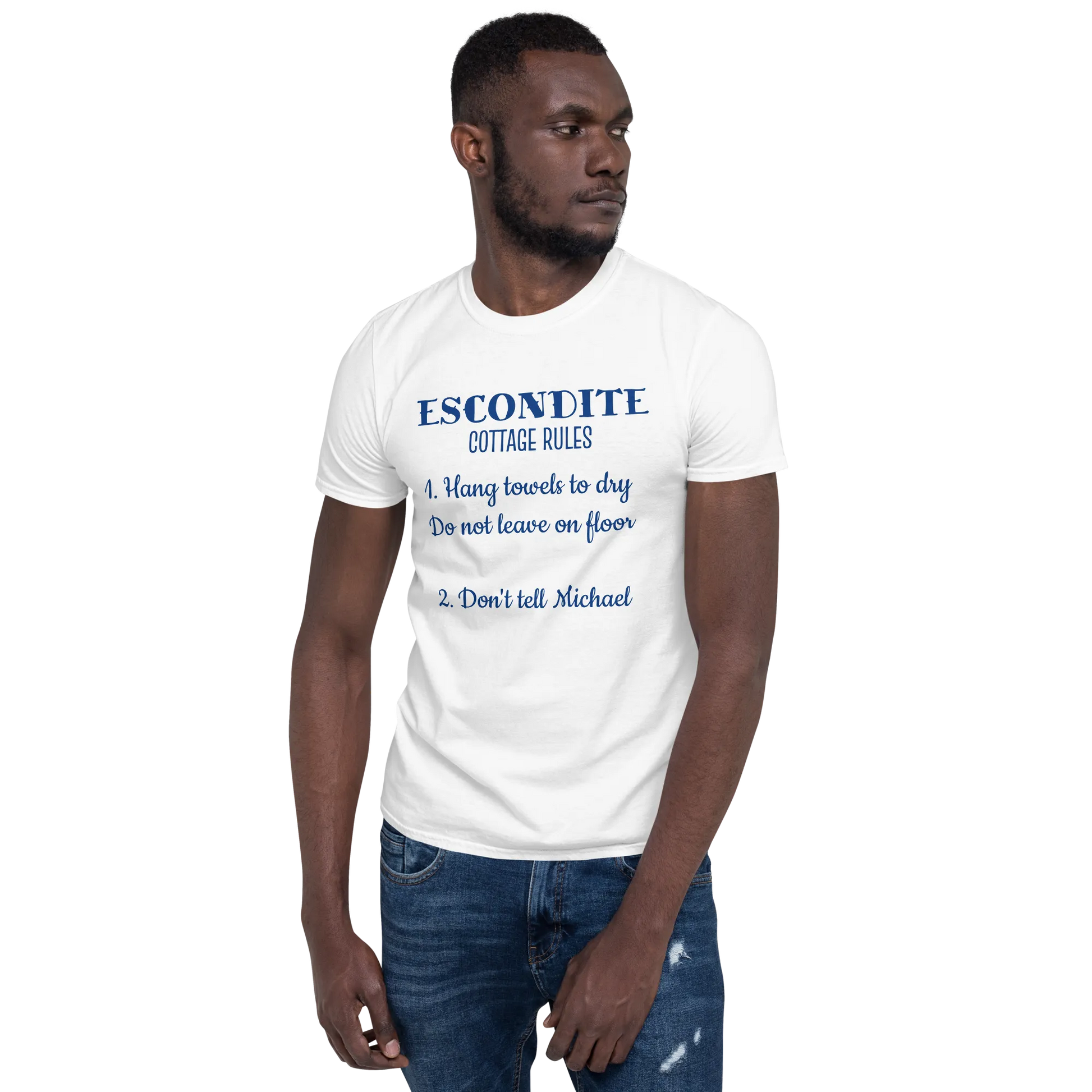 ESCONDITE Cottage Rules Tee in White on man right