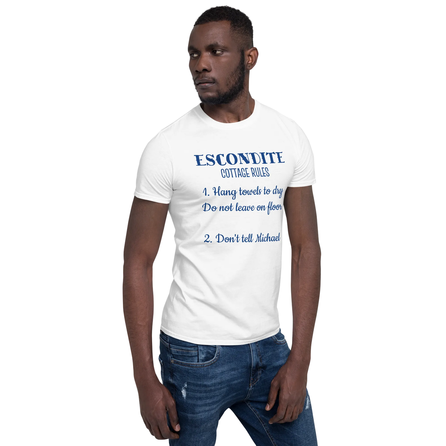 ESCONDITE Cottage Rules Tee in White on man front