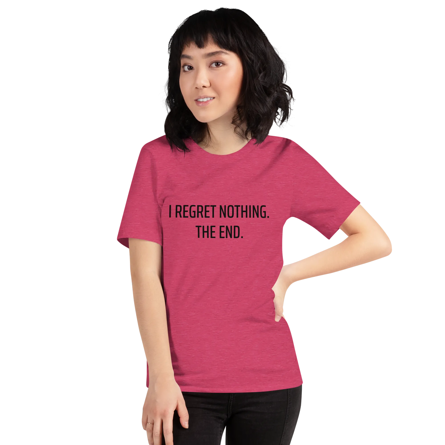 I Regret Nothing Tee in Heather Raspberry on woman front