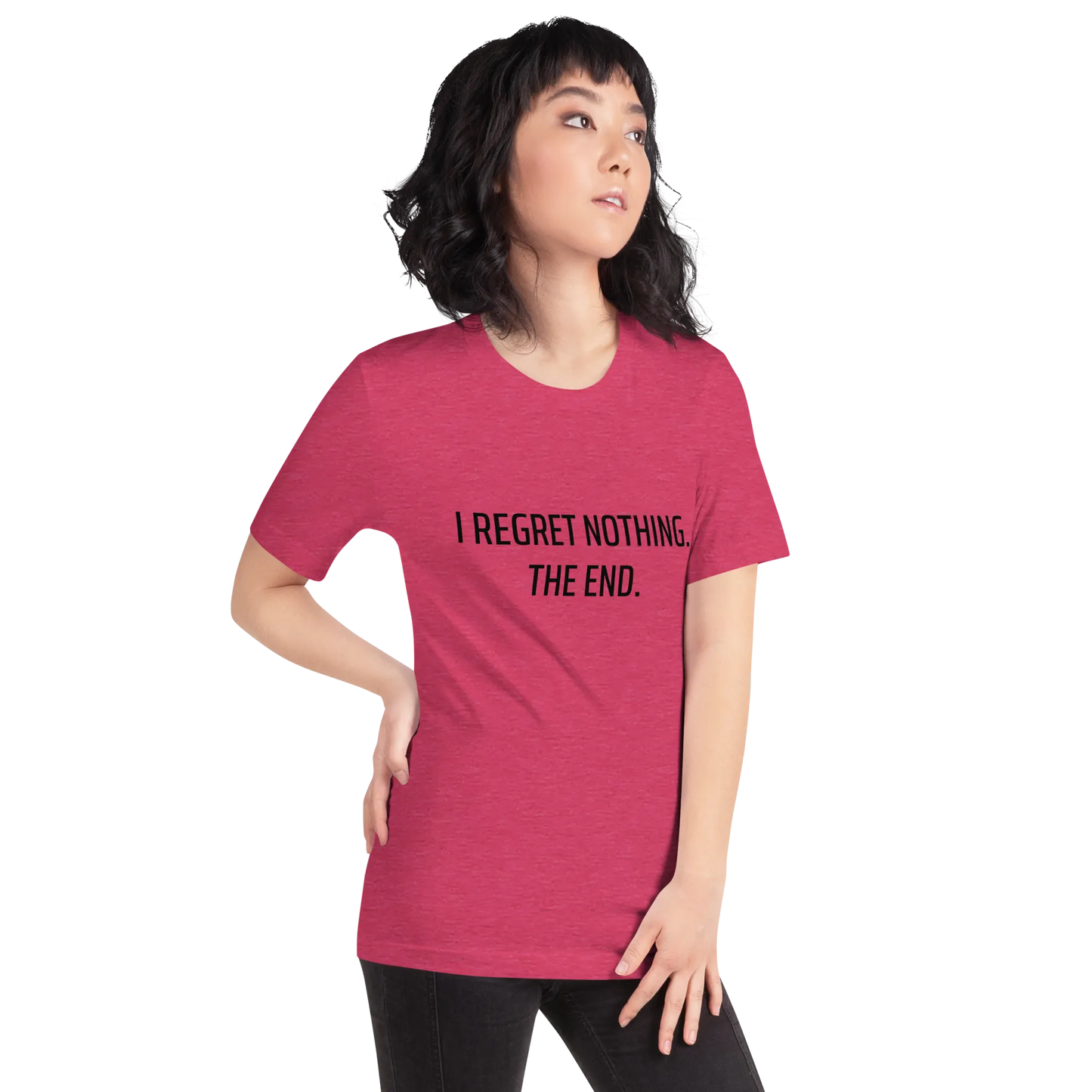 I Regret Nothing Tee in Heather Raspberry on woman left