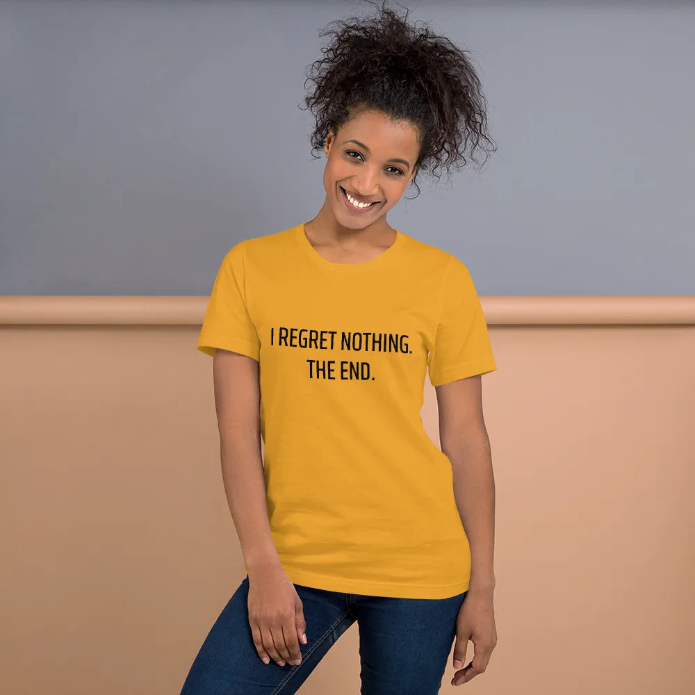 I Regret Nothing Tee in Mustard on woman