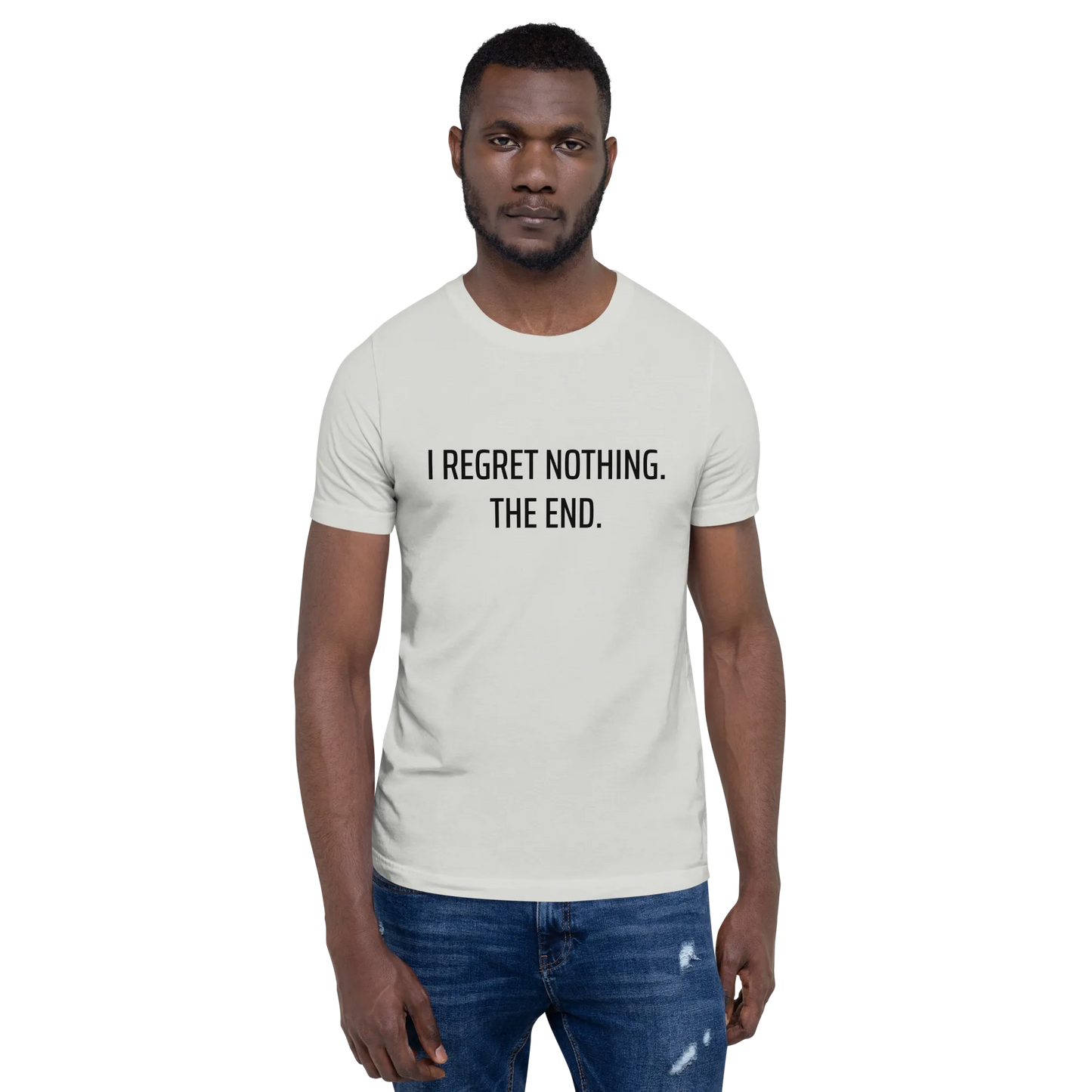I Regret Nothing Tee in Silver on man front