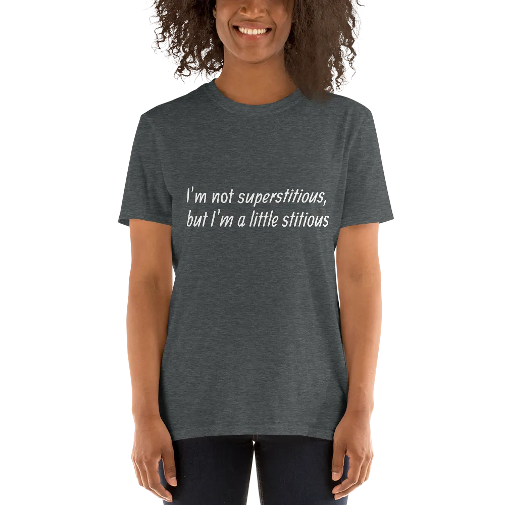 I'm a Little Stitious Tee in Dark Heather Grey on woman