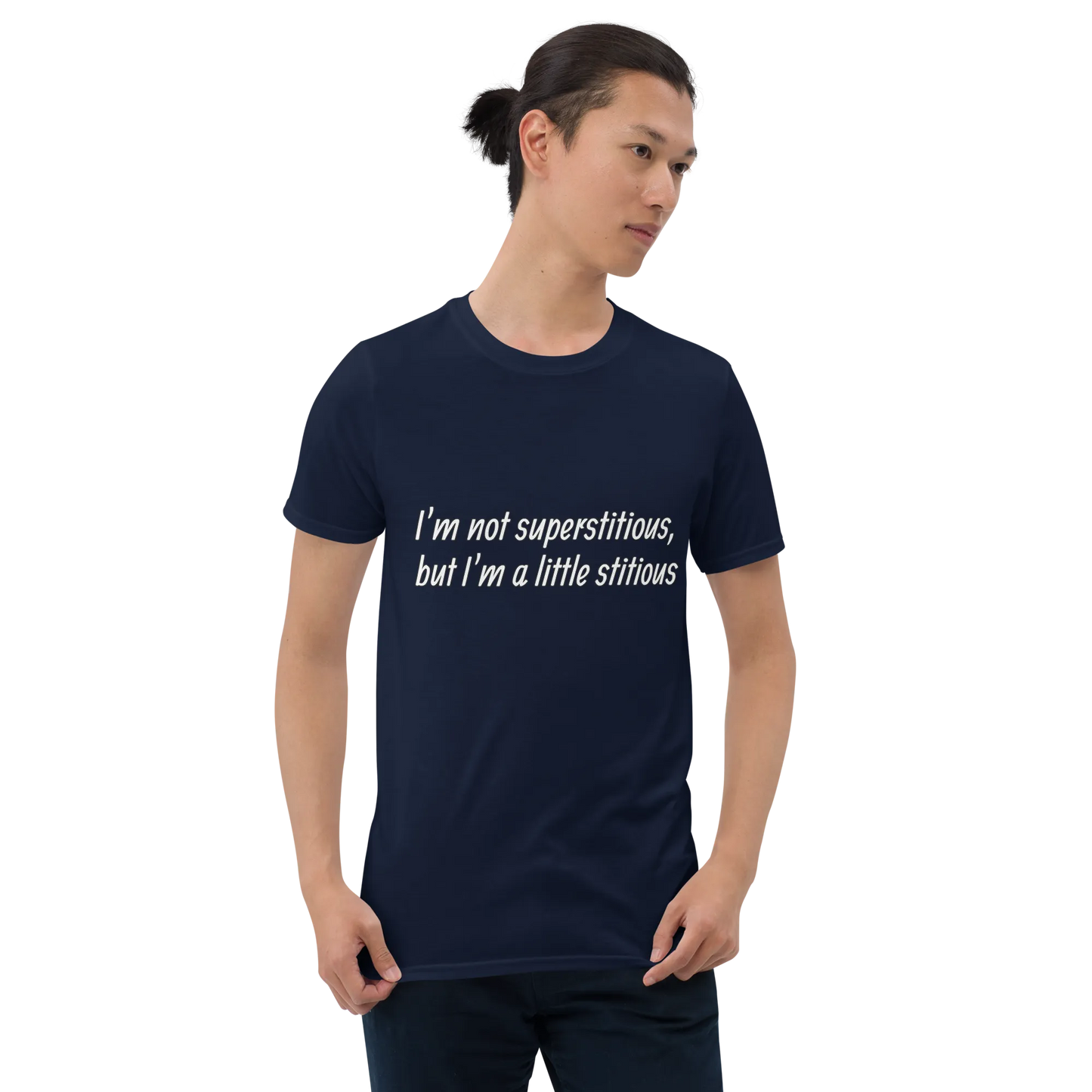 I'm a Little Stitious Tee in Navy on man