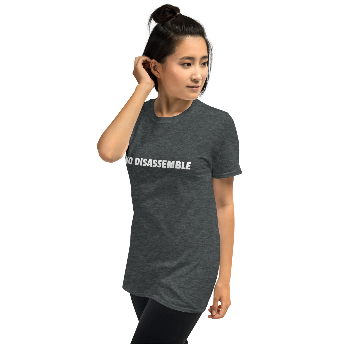 No Disassemble Tee in Dark Heather Grey on woman left