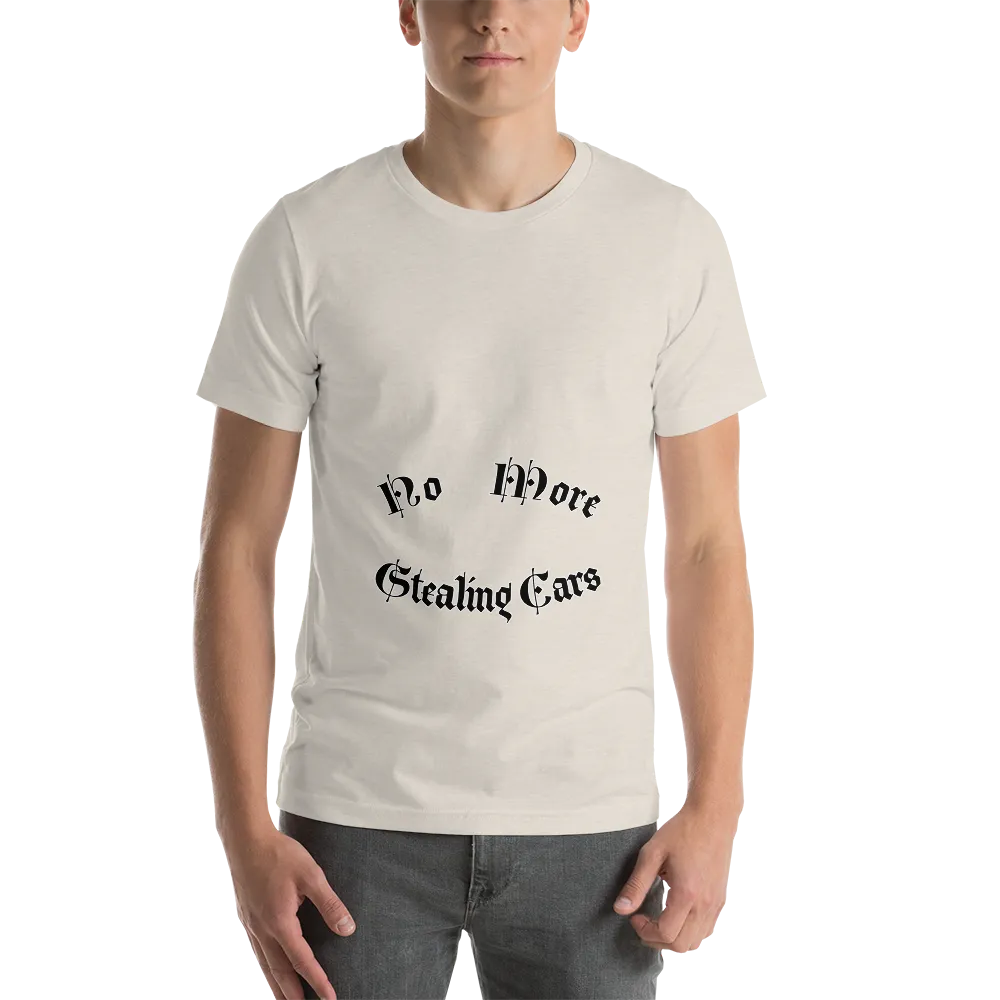 No More Stealing Cars Tee in Heather Dust on man