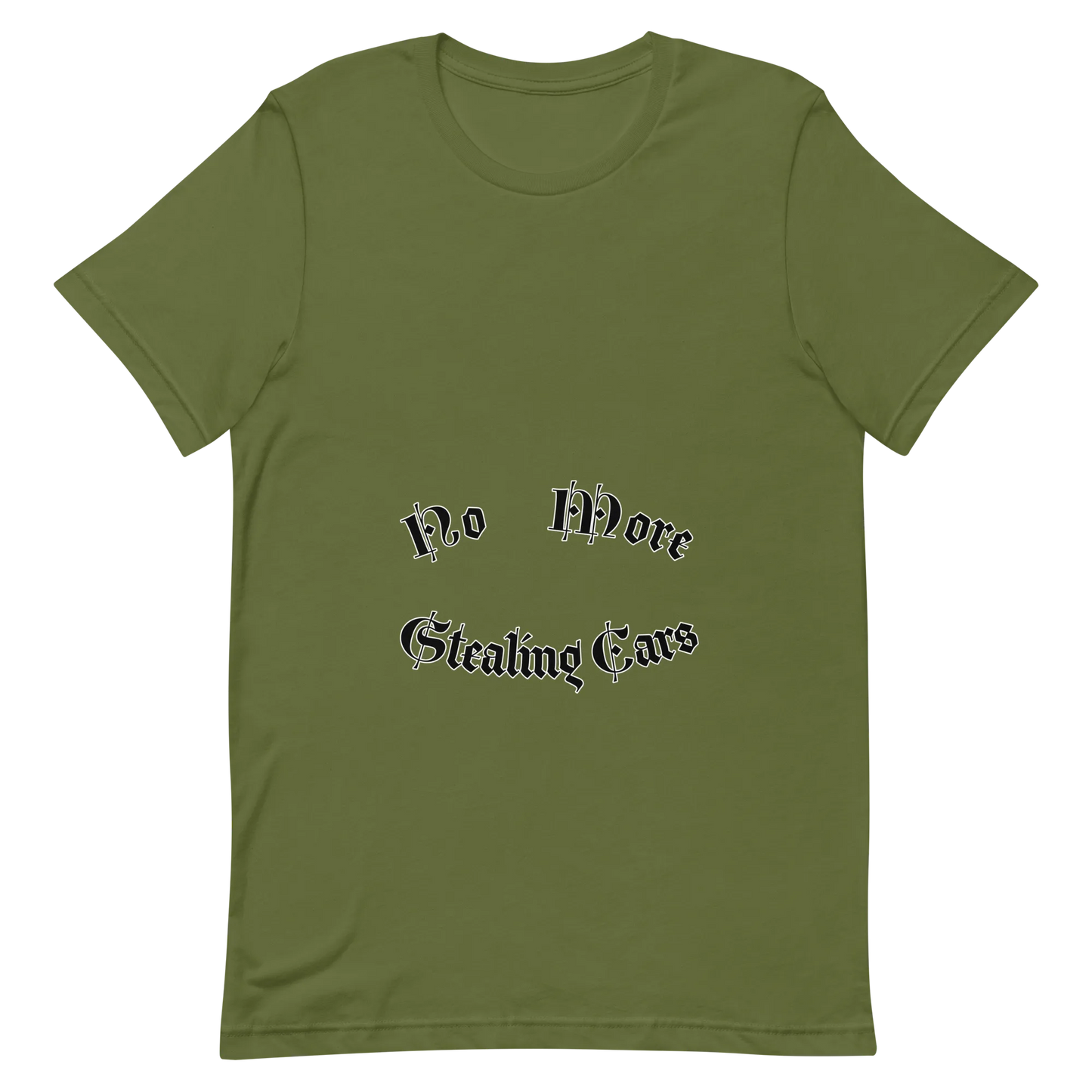 No More Stealing Cars Tee in Olive flatlay