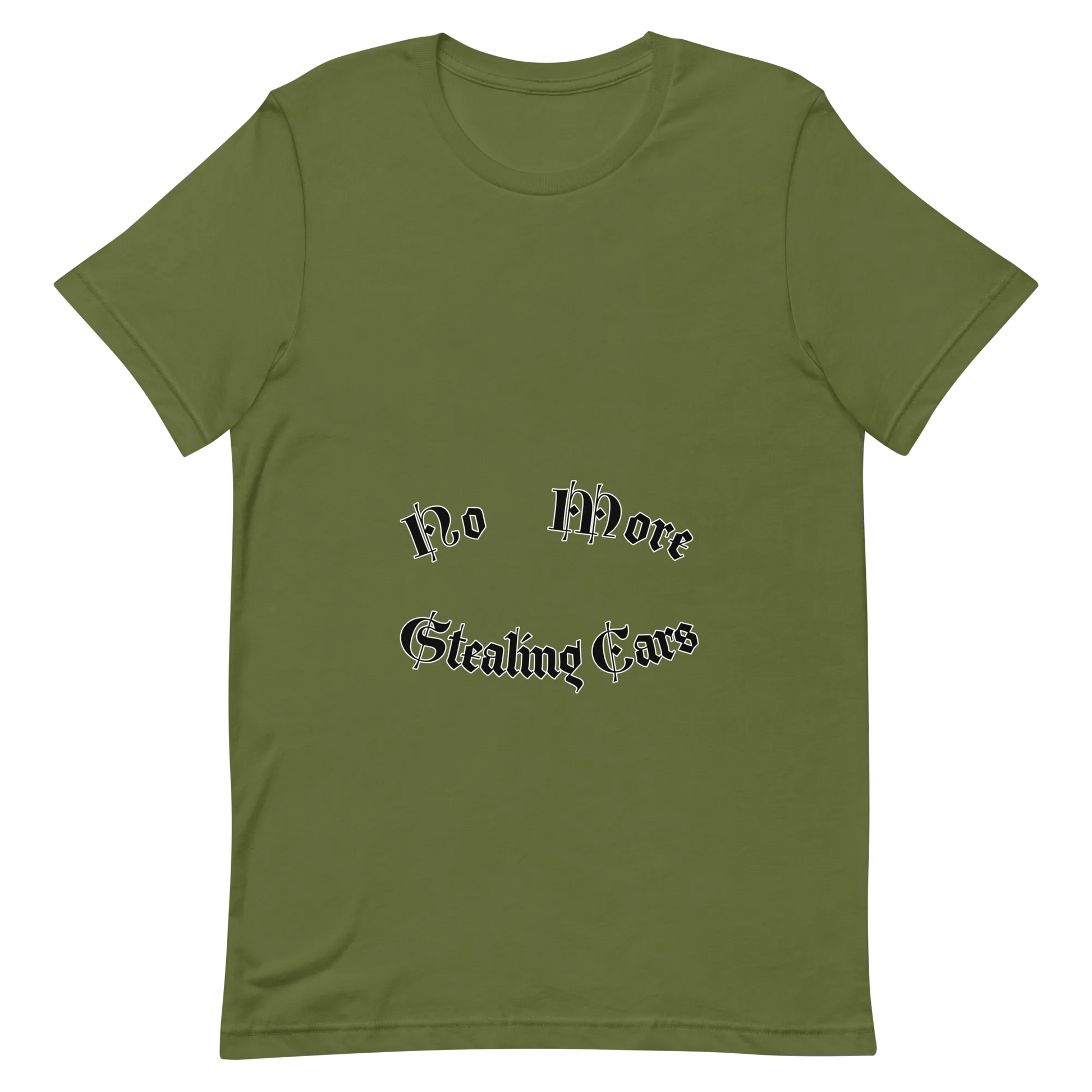 No More Stealing Cars Tee in Olive flatlay