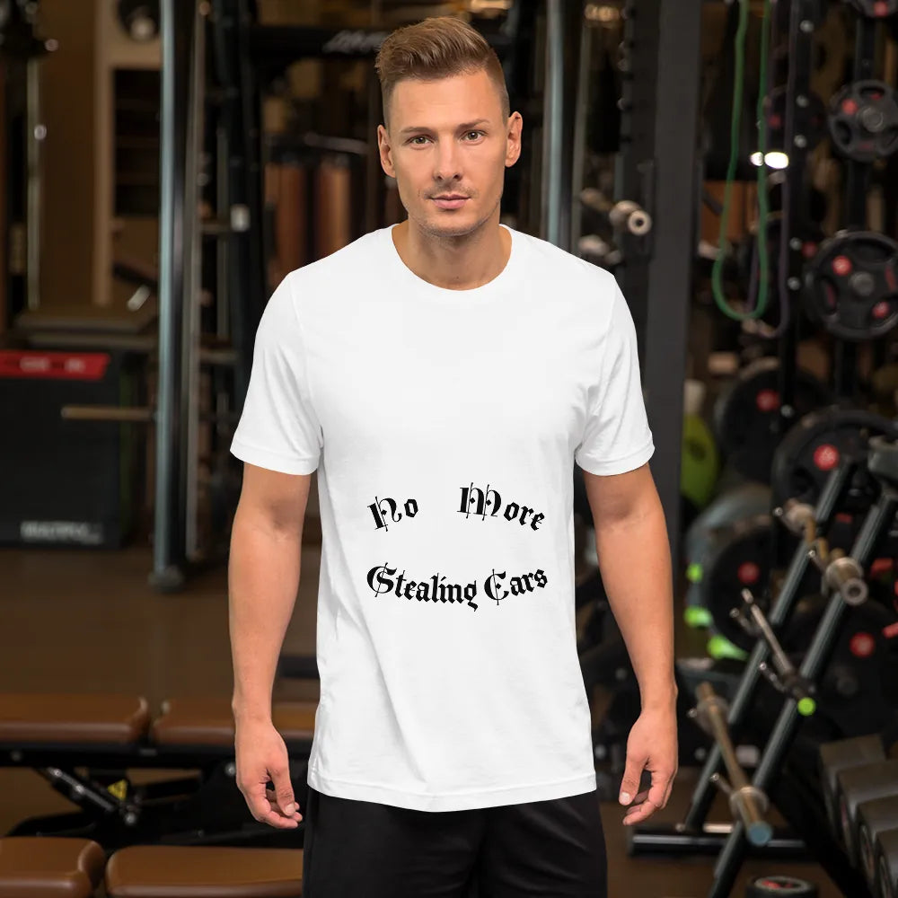 No More Stealing Cars Tee in White on man