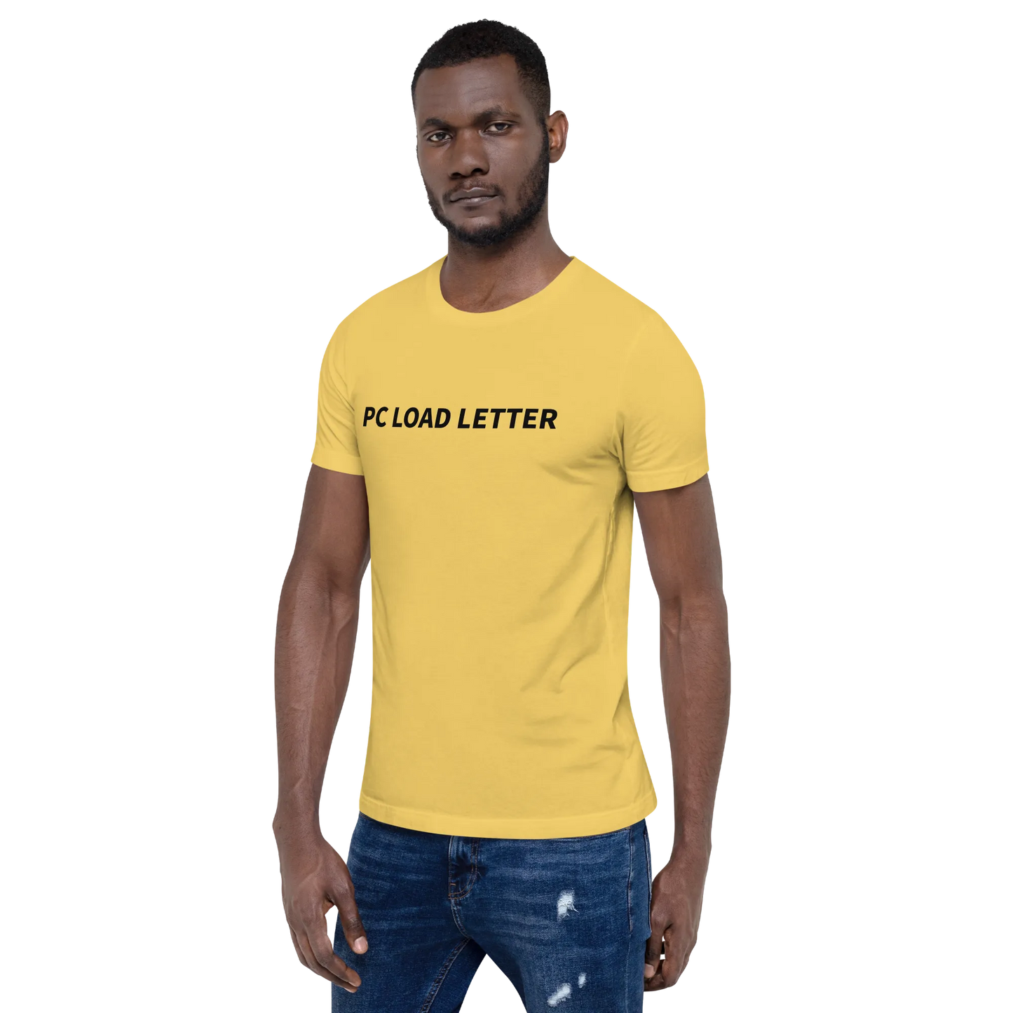 PC Load Letter Tee in Yellow on man left