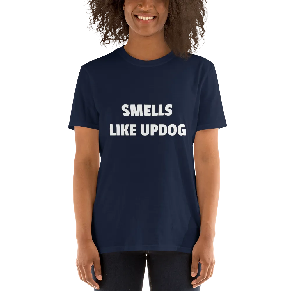 Smells Like Updog Tee in Navy on woman