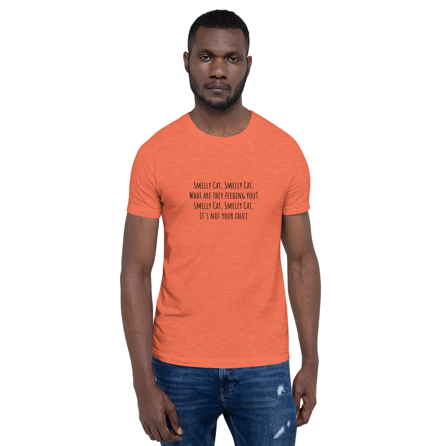 Smelly Cat Tee in Heather Orange on man front