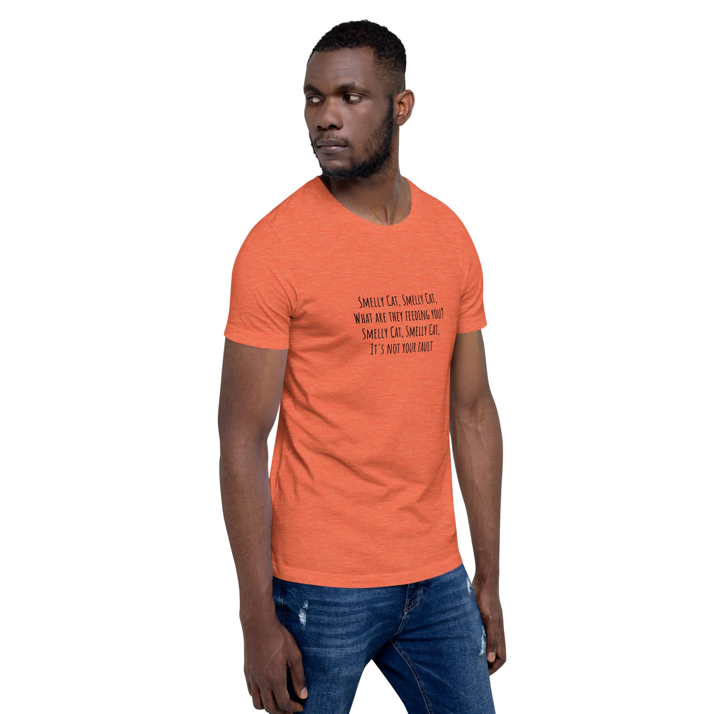Smelly Cat Tee in Heather Orange on man right