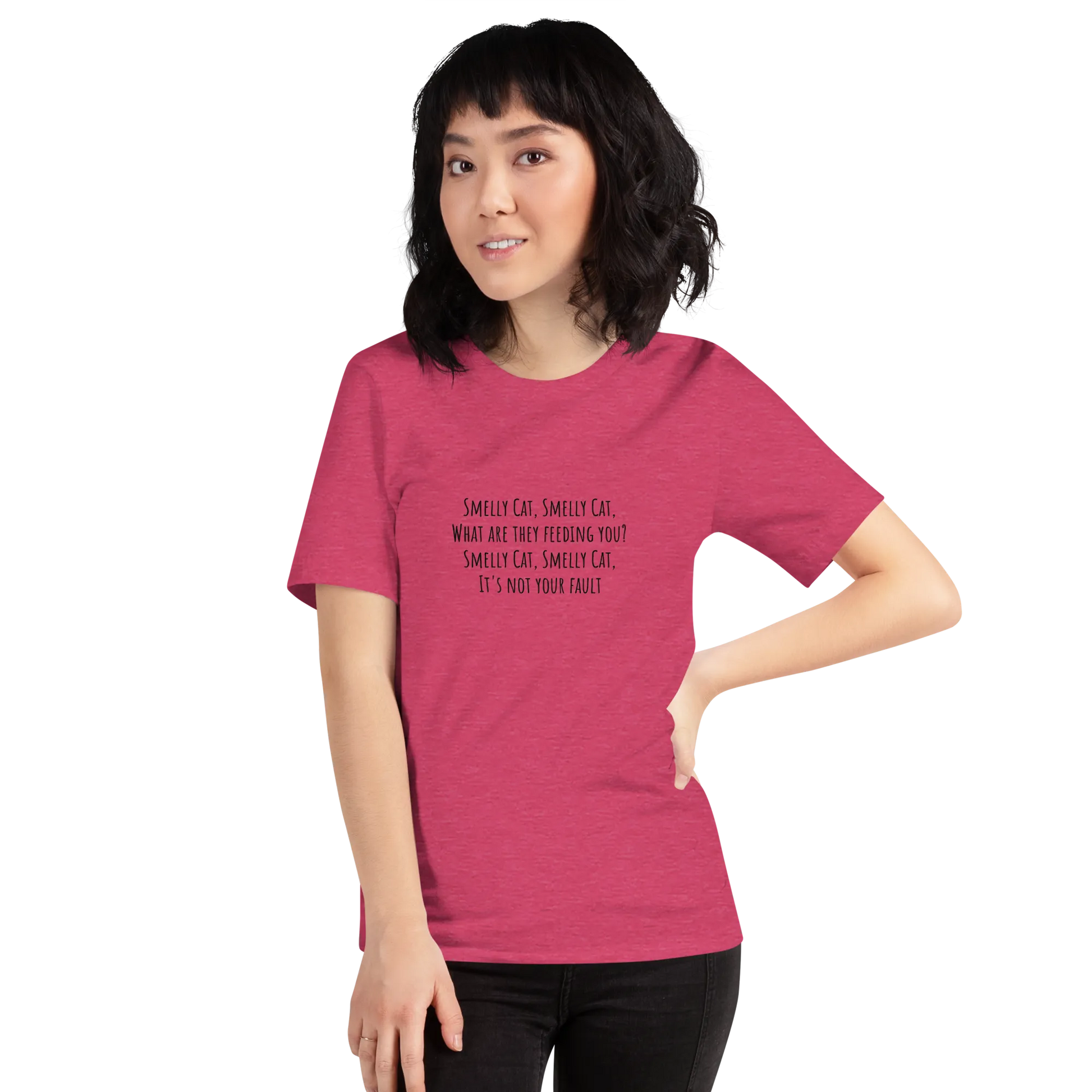 Smelly Cat Tee in Heather Raspberry on woman front