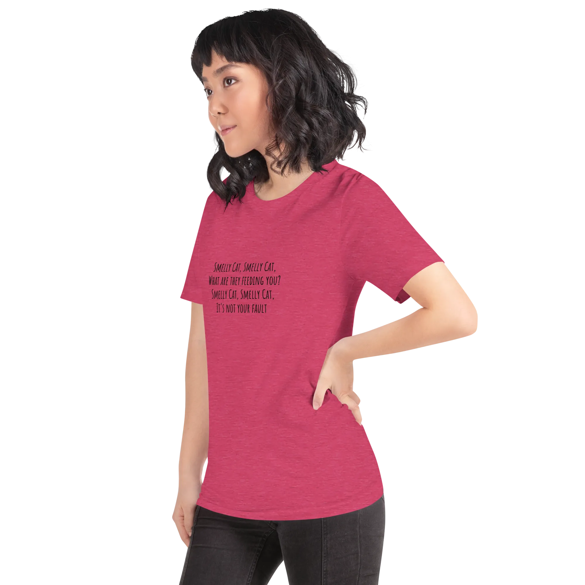 Smelly Cat Tee in Heather Raspberry on woman left