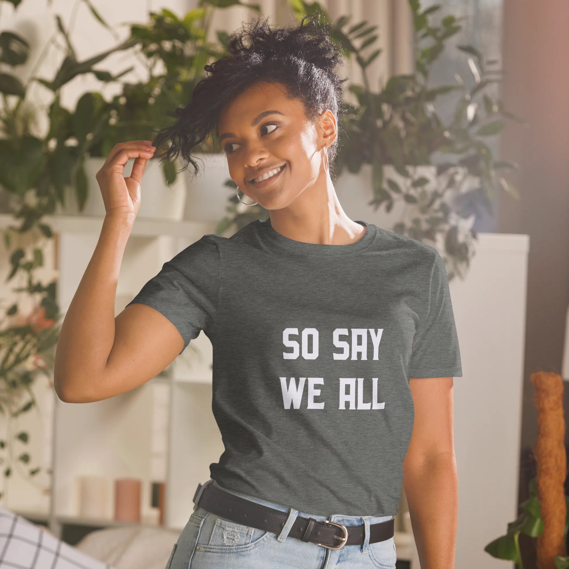 So Say We All Tee in Dark Heather Grey on woman front