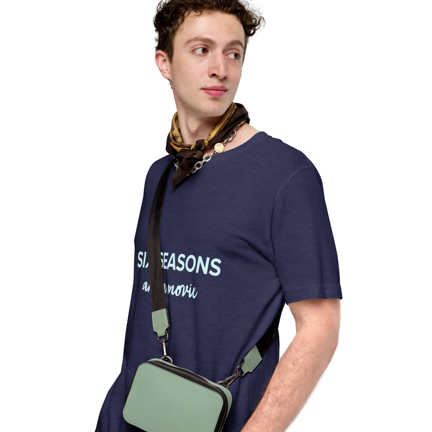 Six Seasons and a Movie Tee in Heather Midnight Navy on man with bag