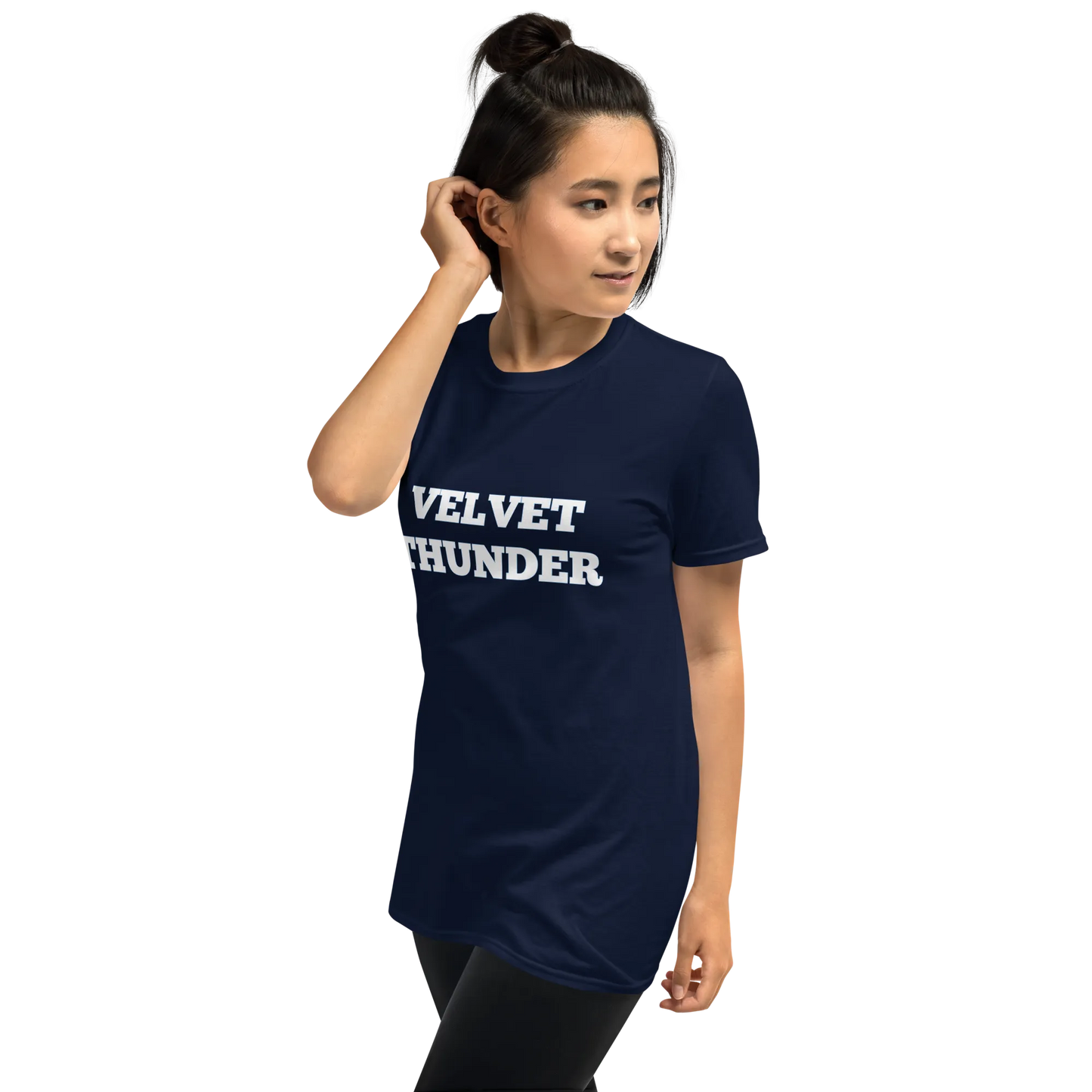 Velvet Thunder Tee in Navy on woman left